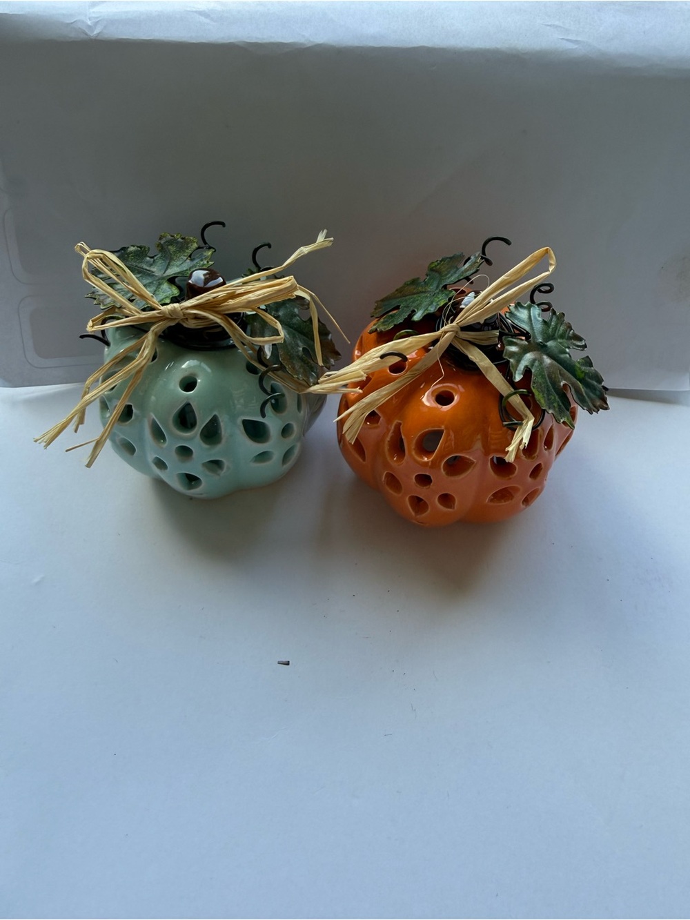 Ceramic Pumpkin Luminary Pair in Orange and Mint with Leaf Accents